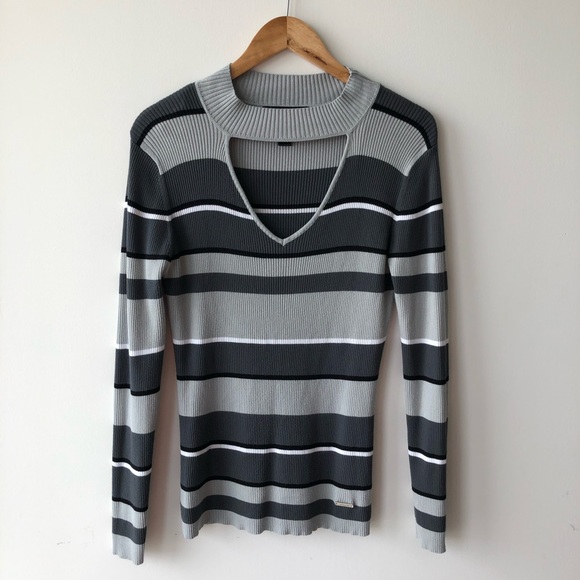 Ex Girlfriend Grey Striped Chocker Neck Sweater - Picture 1 of 4